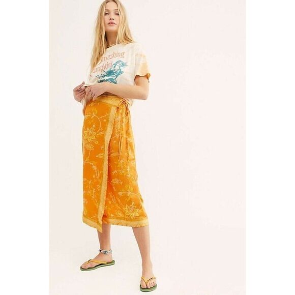 NEW FREE PEOPLE Sz 4 YASMIN BORDER PRINT WRAP MIDI SKIRT IN ORANGE NECTAR - Picture 3 of 5